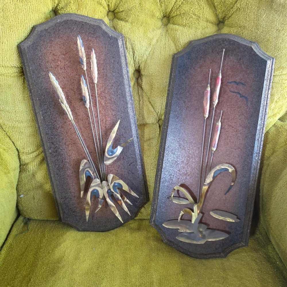 Vintage 3D Brass Cattails Wall Art 17x7 Brown MCM Metal Wheat Brutalist Plaques